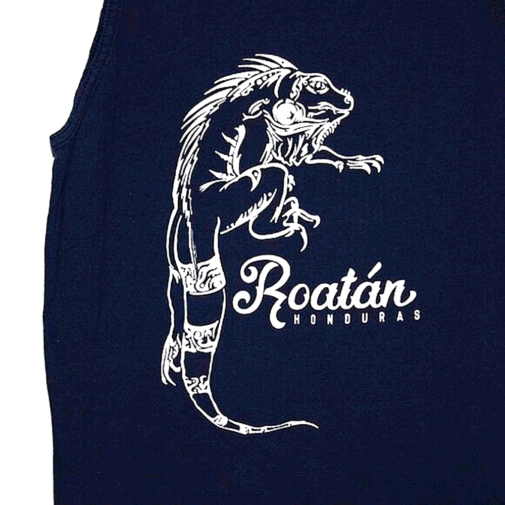Roatán Honduras Graphic Tank Top – Black, Iguana Print, Size S